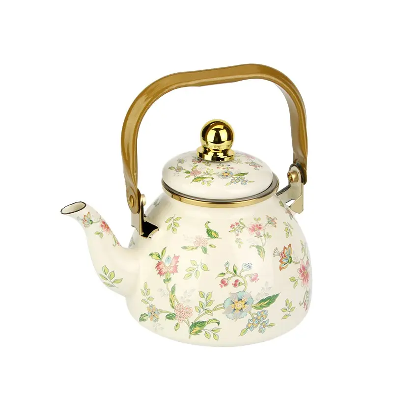 Vintage Floral Enamel Teapot, Flat Bottom with Stainless Steel Filter, Top Button, Iron Handle, Compatible with Induction and Gas Stoves