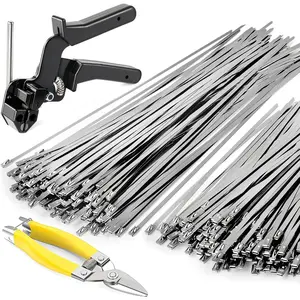 Stainless Steel  Tie  Kit with 200 Metal Zip Ties (2 Sizes) and Tensioning &  Tool, for Garden & Farm Fencing, Chicken Coop and Yard  Fence Reinforcement or Repair