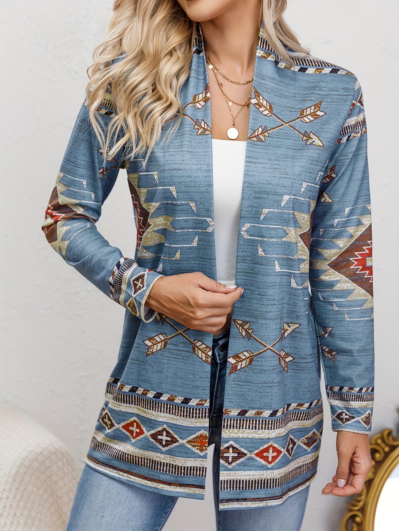 [Ethnic Print Cardigan] Casual Ethnic Print Open Front Long Sleeve Loose Cardigan - Western Style Women's Clothing