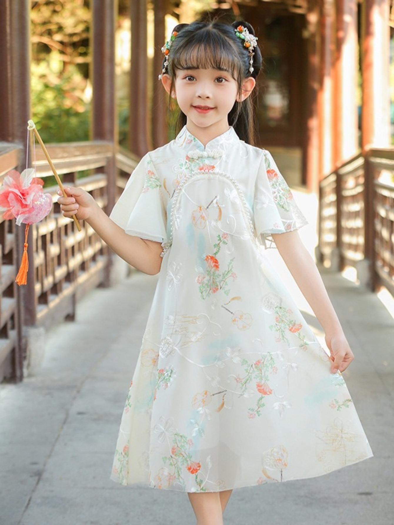 NewGirls' Chinese Style Cheongsam Chiffon Dress Summer Hanfu Light Comfortable Fashion Casual Princess Dress for Outdoor Activities Gifts Party