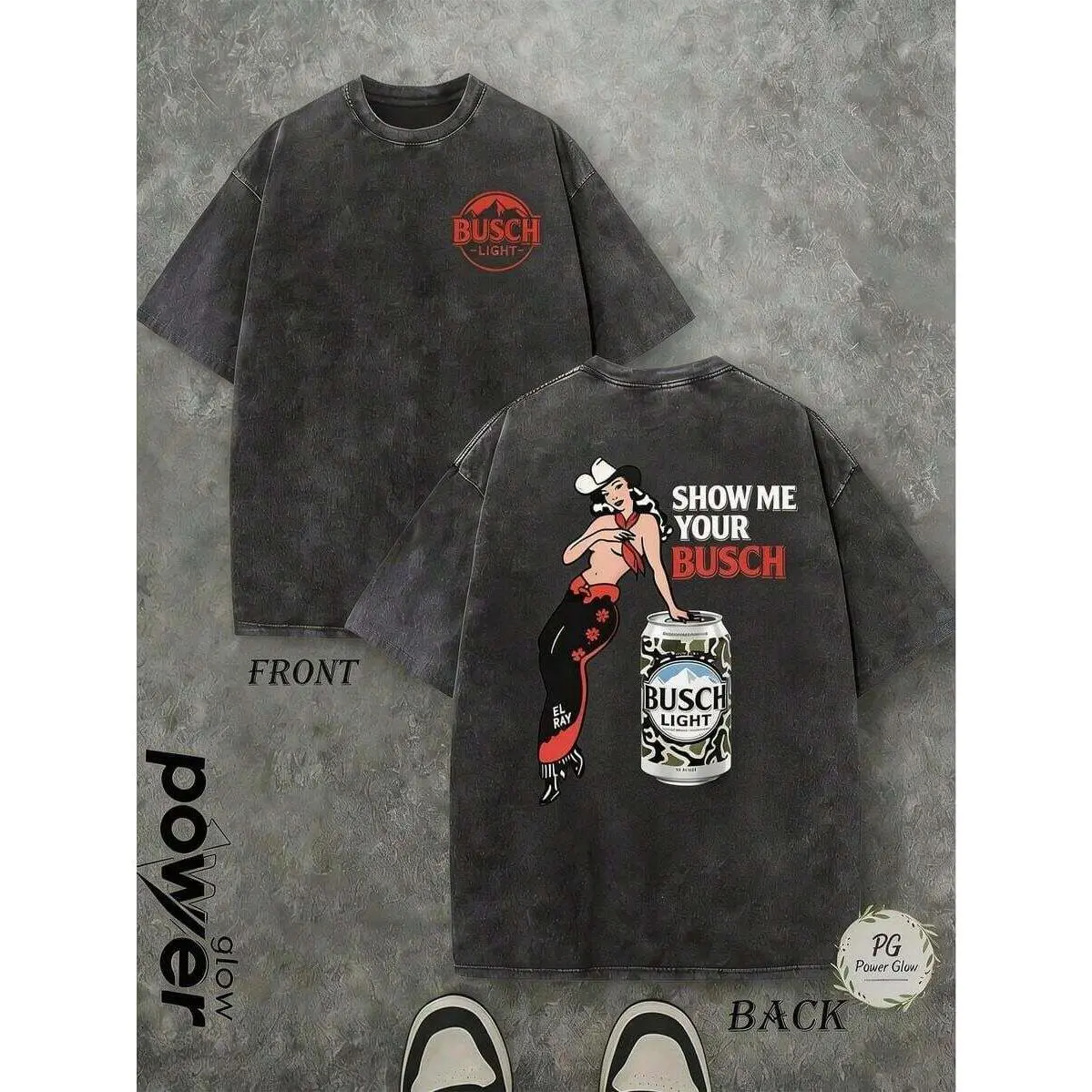 Mens Clothes;Summer TopsOrcacoatings Men's Washed Black "Show Me Your Busch Light Cowgirl" Graphic Tee, Crew Neck Casual T-Shirt With Beer Graphic, Country-Inspired Top Perfect For Daily Wear