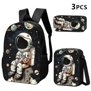 1PC/2PCS/3PCS astronaut-themed backpack, shoulder bag and storage bag set craftsmanship, the pattern is space astronauts sitting on the planet, the background is embellished with planets and nebulae, suitable for daily commuting