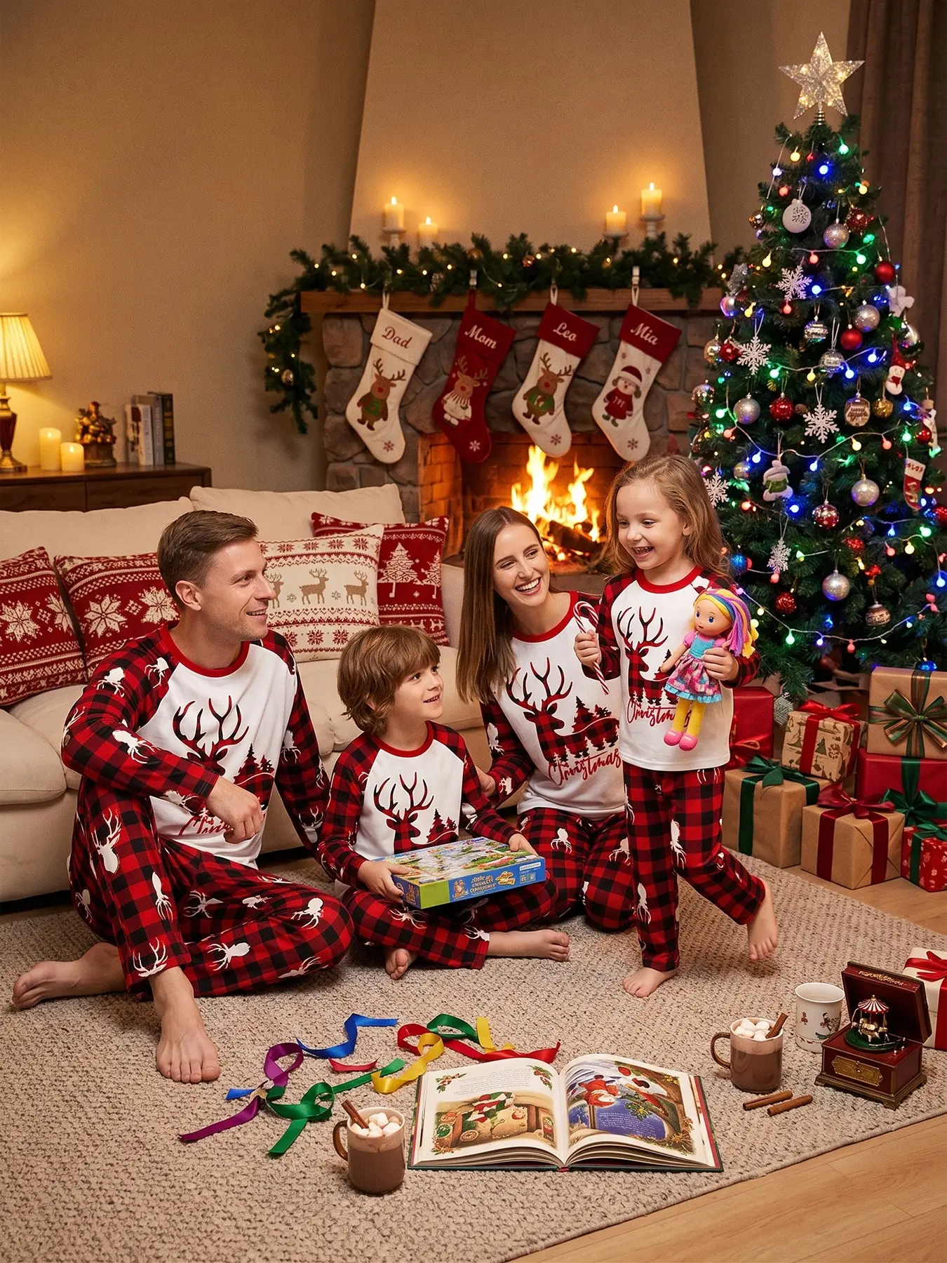 christmas family pajamas matching sets, couple christmas pajamas, Unisex 2‑Piece Long‑Sleeve Pajama Set, Festive Buffalo Plaid Reindeer Pattern, Matching Sleepwear for Men Women Boys Girls, Xmas Family Matching Outfit
