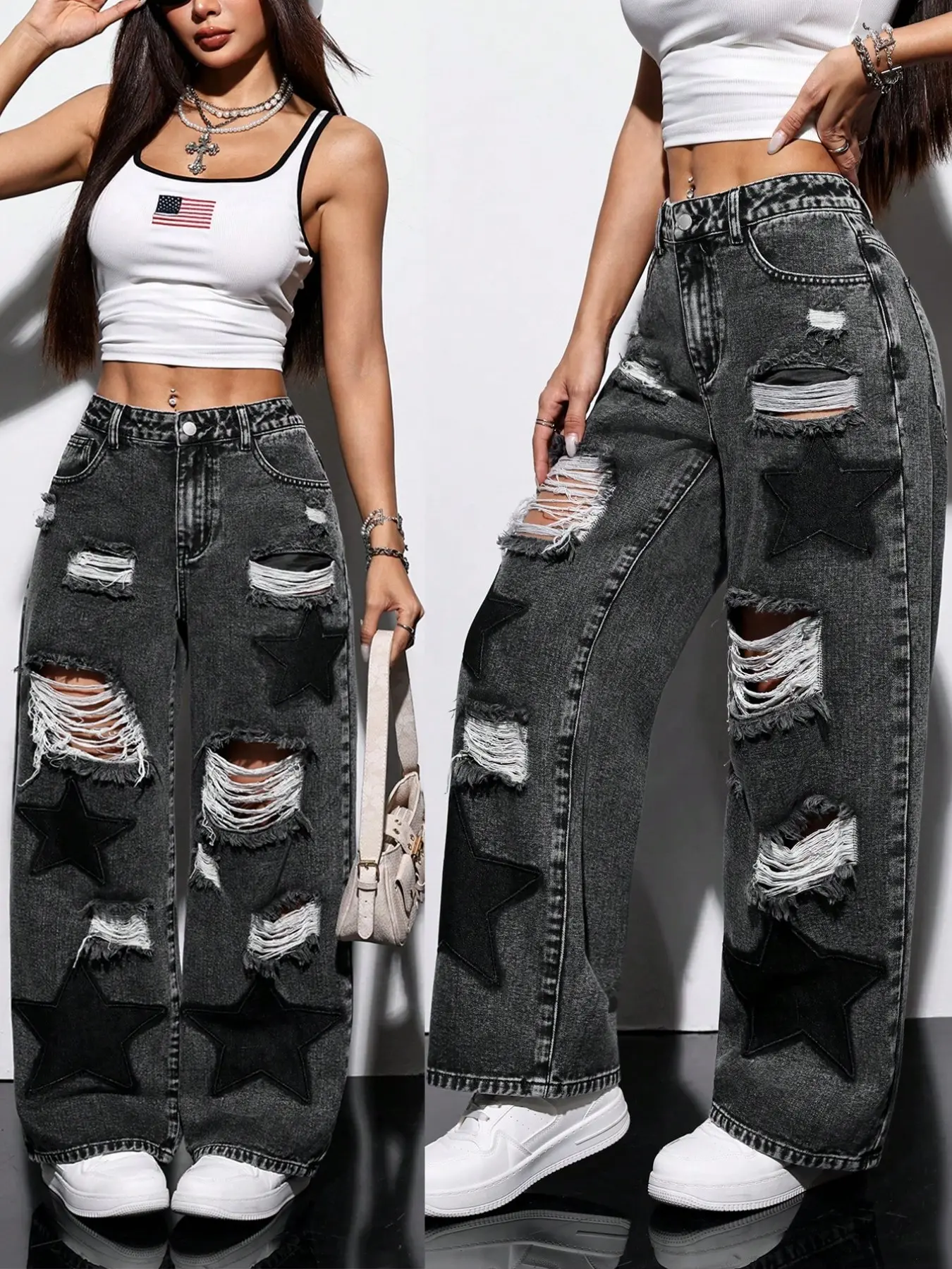 Women's Washed Denim Jeans, Star Pattern, Hip-Hop Style, Casual Loose-Fit Trousers, Comfortable All-Seasons Fashion