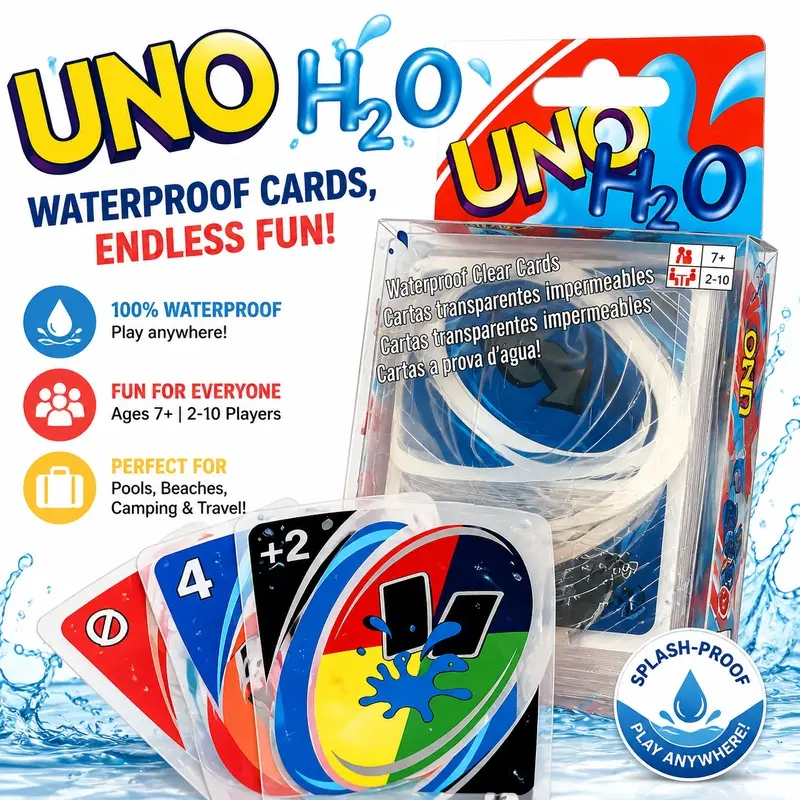 UNO H2O Waterproof Tabletop Card Game, Pressure-Resistant Transparent PVC Kids Poker Cards, Waterproof Playing Cards, Fun Party and Birthday Gift, Family Fun Game
