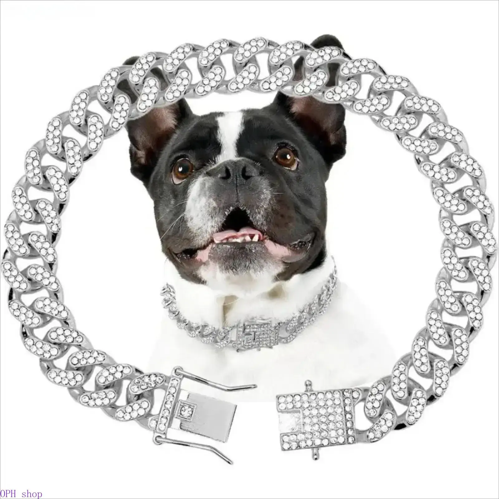 12mm Silver Crystal Cuban Link Pet Collar - Stylish Metal Chain Necklace for Small, Medium, Large Dogs & Cats