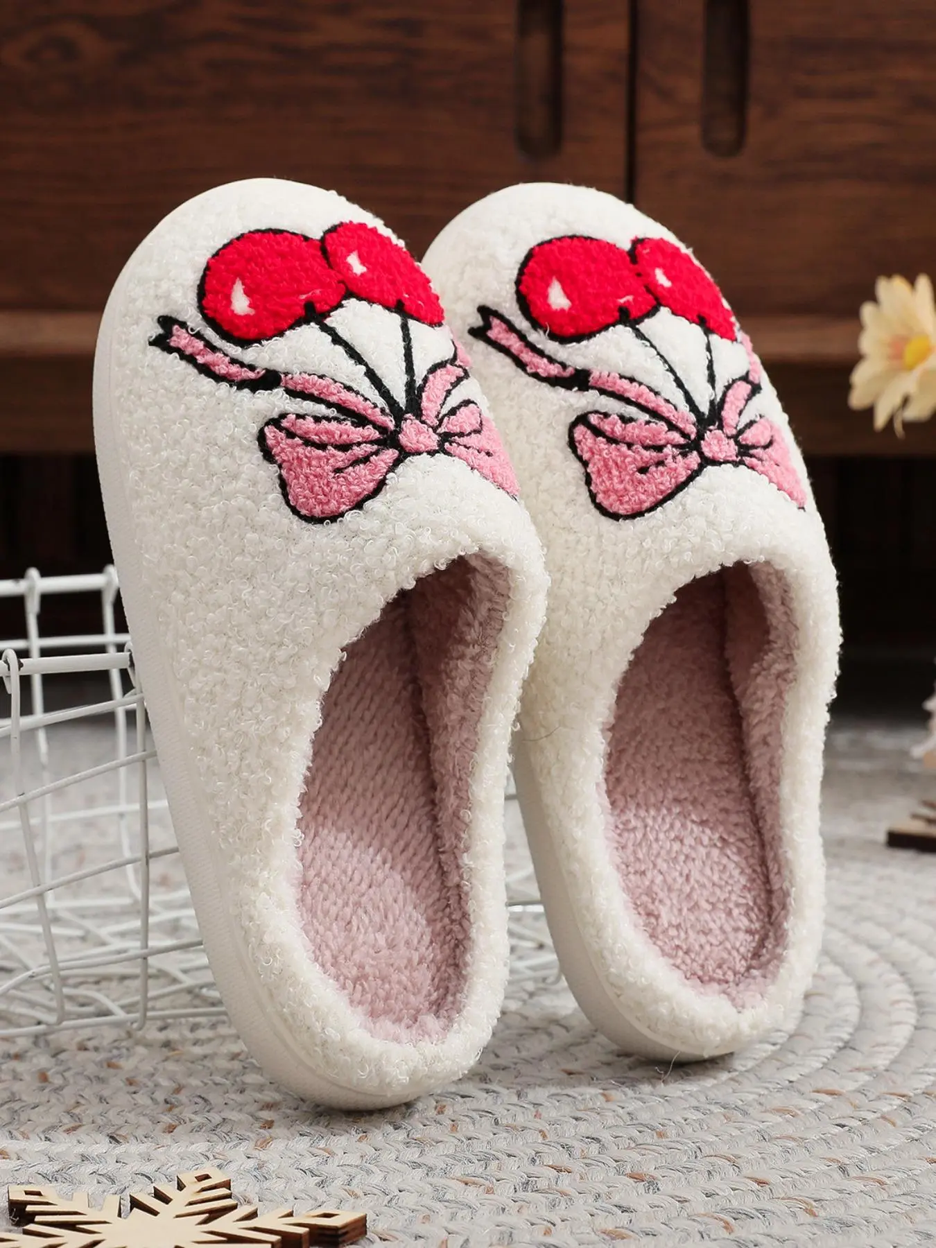 New Fall Winter Home Slippers, Comfortable Thick Sole Non-Slip Bow Cherry Christmas Festival Cute Funny Versatile Casual House Shoes Footwear