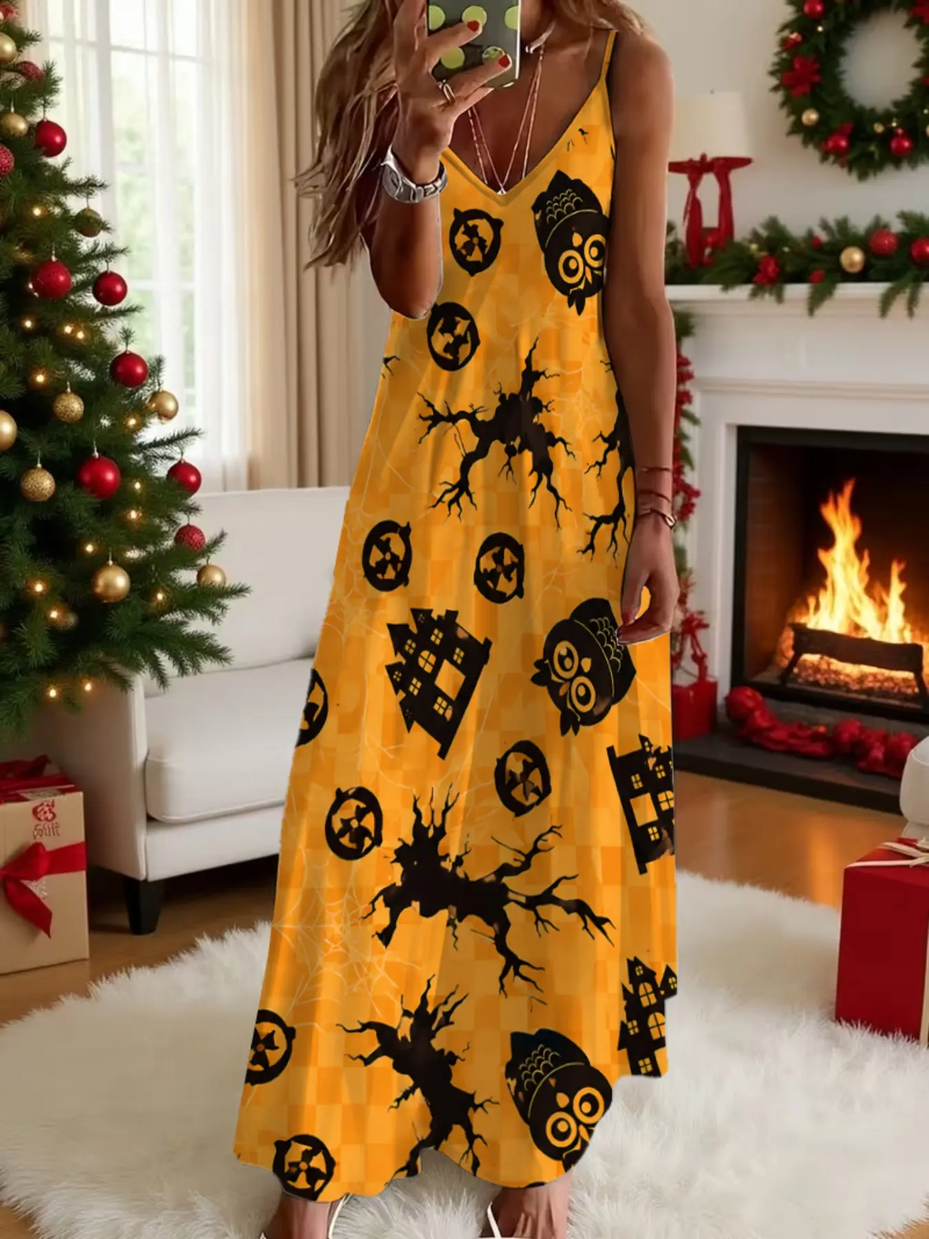 Vintage Halloween Ghost Castle Dress, Witch Skull Cat Patterns, Casual Loose-Fit Long Dress, Below the Ankle, Unlined, Casual Wear