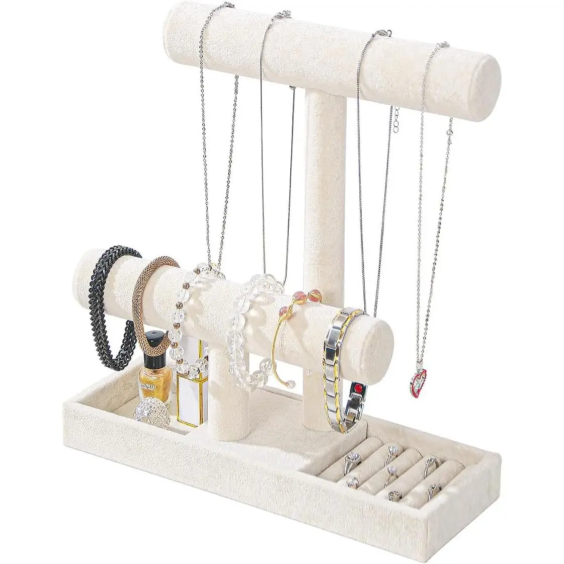 2 Tier Necklace Bracelet Holder Organizer With ring Tray, Multi-use Jewelry Display Stand For Necklace Bracelet Bangle Watch Scrunchie (Beige/no Lid)