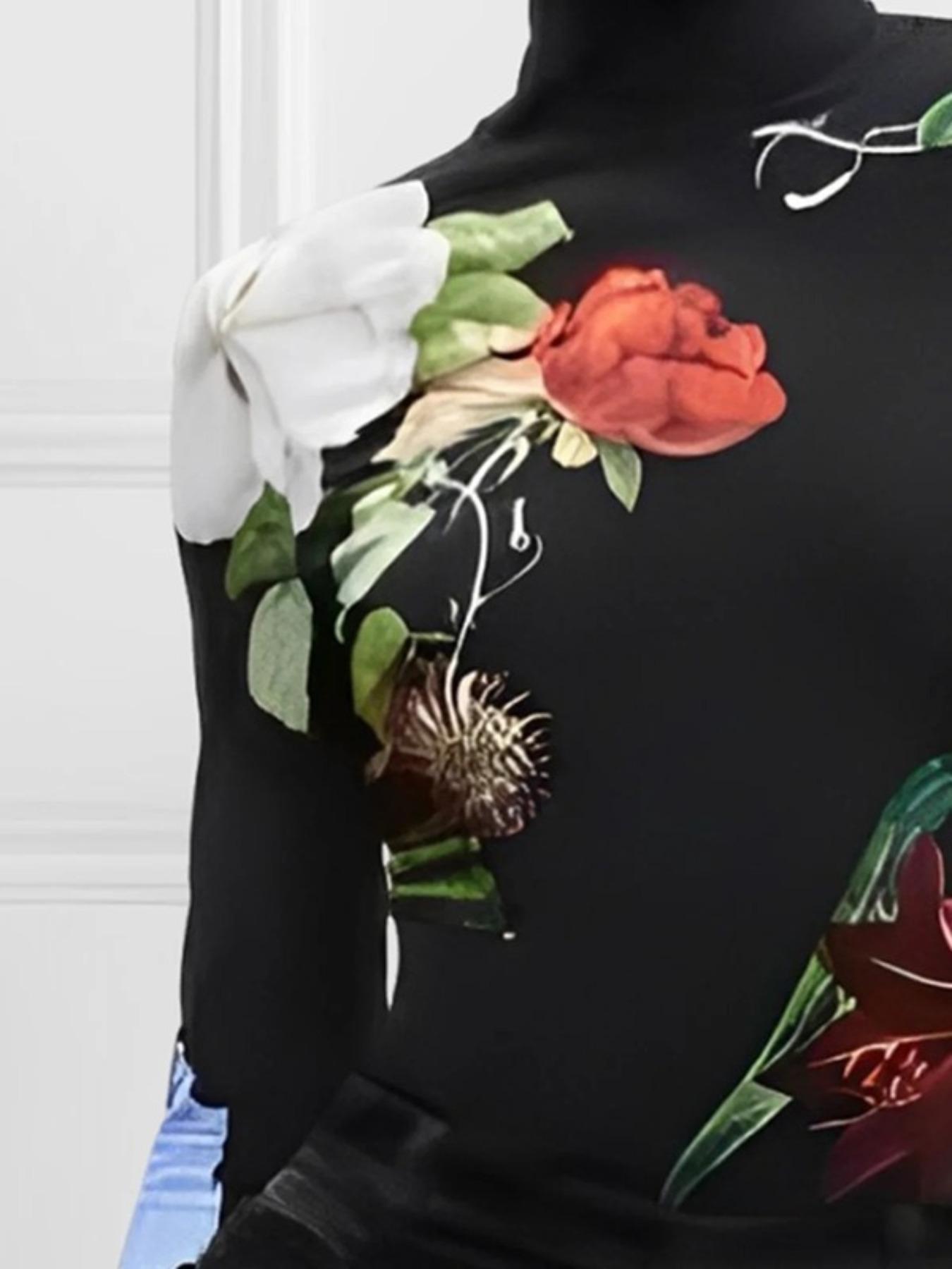 Women's Floral Print Long Sleeve Tee, Elegant Stand Collar T-shirt for Fall & Winter, Women's Clothing for Daily Wear, Casual Fashionable Top, Classy Tops, Womenswear