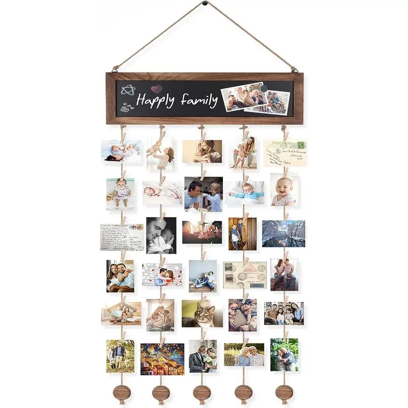 Picture Frames Collage Photo Hanging Display with Chalkboard |   Rustic Wood Polaroid Board with 30 Clips, Multi Photo Hanging Display, Carbonized Black Finish, Easy Wall Mount