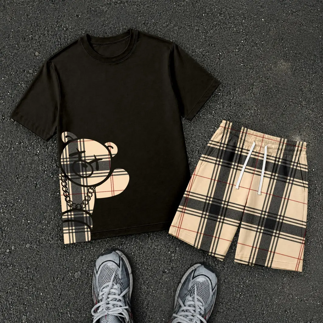 Men’s Plaid Bear Poster Graphic T Shirt and Shorts Set, Italy Inspired 2 Piece Matching Outfit with Short Sleeve Tee and Elastic Waist Drawstring Shorts, Soft Breathable Summer Set for Holiday, Street Style, Travel, and Everyday Wear