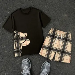 Men’s Plaid Bear Poster Graphic T Shirt and Shorts Set, Italy Inspired 2 Piece Matching Outfit with Short Sleeve Tee and Elastic Waist Drawstring Shorts, Soft Breathable Summer Set for Holiday, Street Style, Travel, and Everyday Wear
