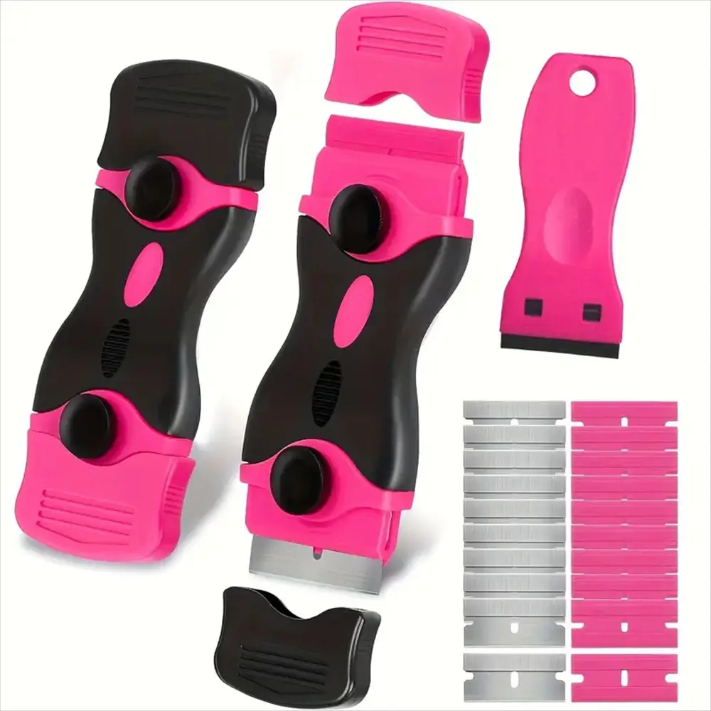 1 set of multifunctional cleaning spatula, glass spatula, car film tool.1 pink double-headed scraper + 10 metal blades + 10 plastic blades.Suitable for floor cleaning, glass stickers, kitchen decontamination, beauty seam construction