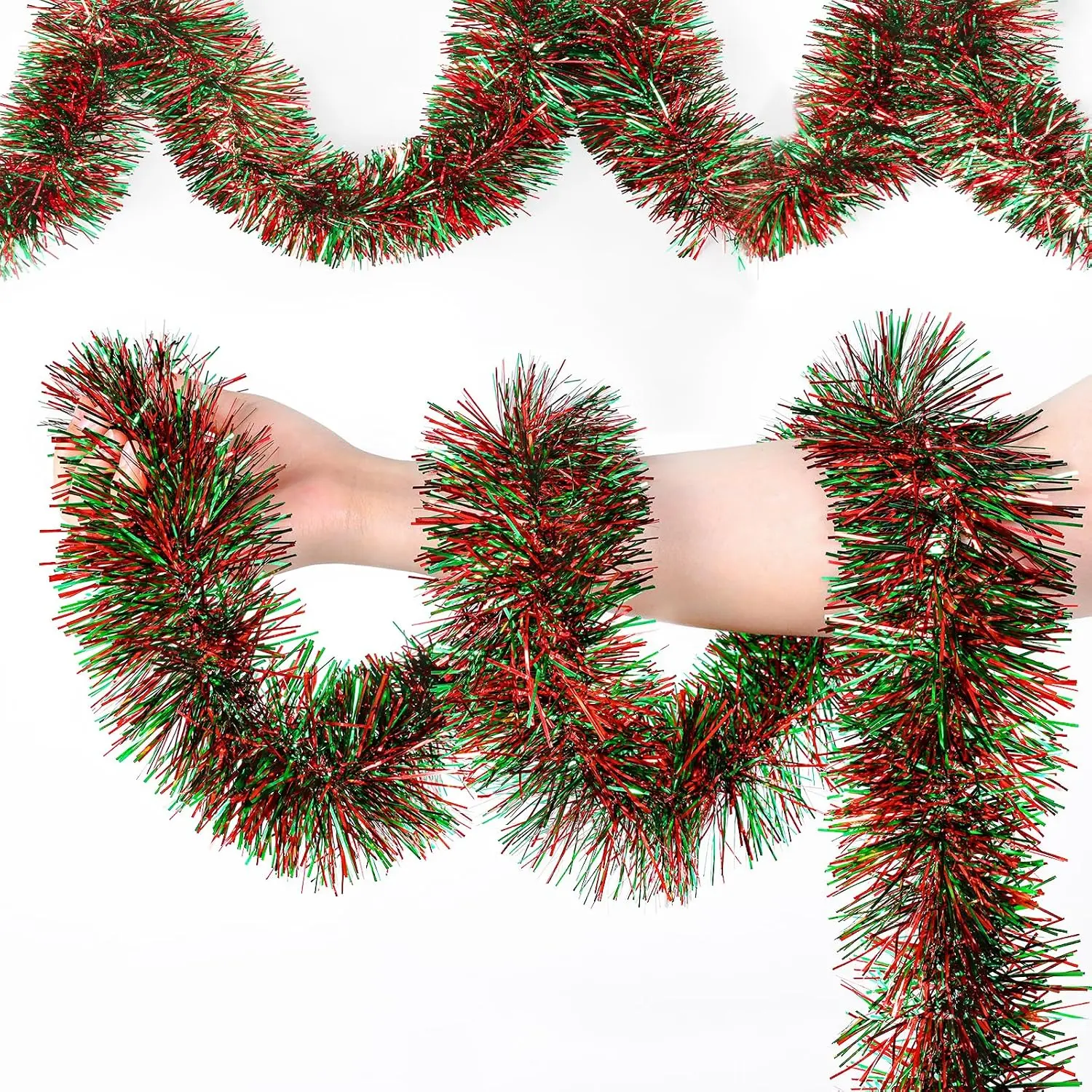 Christmas Garland, 50 ft Tinsel Garland Christmas Decorations, Metallic Outdoor Christmas Garland for Stairs, Christmas Tree Tinsel,  and Birthday Party Decorations(Red and Green)