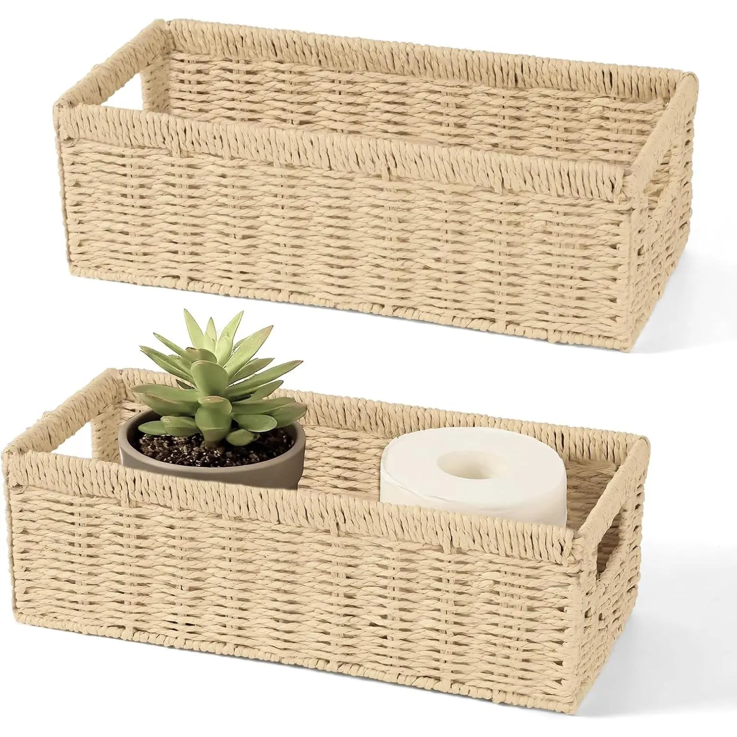 2 Pack Paper Rope Wicker Baskets with Handles, Storage Wicke Baskets for Shelves Organizing,  Color Toilet Basket  Topper, Small Woven Baskets for Storage, 14.17x6.1x4.72in