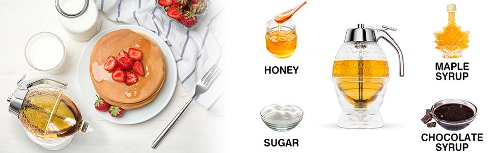 Honey Dispenser No Drip Glass 8 oz with Plastic Top, Beautiful Honeycomb Shaped Honey Jar with Stand - 6" Clear Container, Honey Pot, Maple Syrup Dispenser, Perfect Bee Decoration for Home Kitchen