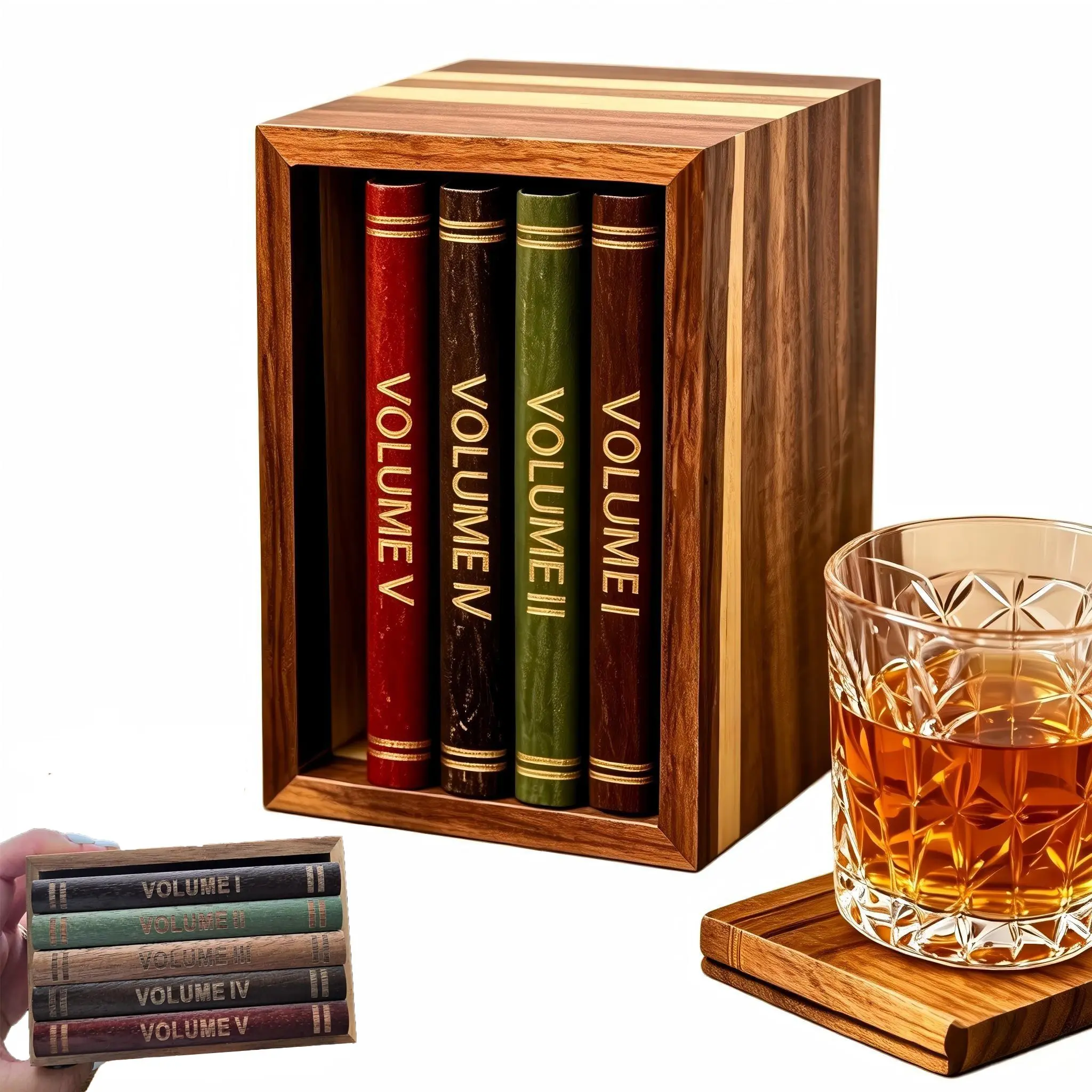 Book-Shaped Coaster Set of 5, Elegant Wooden Storage Box Included, Classic Wood Cork Coasters For Drinks, Perfect Coffee Table Decor for Book Lovers