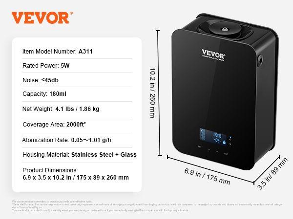 VEVOR Upgrade HVAC Scent Diffuser, Smart Scent Air Machine for Home, 180ML with Cold Air Technology, Waterless Essential Oil Diffuser, Cover Up to 2000 Sq.Ft for Living Room, Office, Spa, Hotel