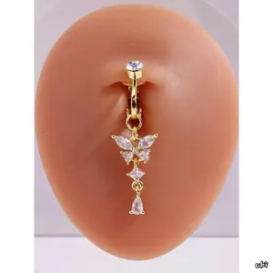 2pc Butterfly Fake Belly Ring, Stainless Steel Clip-On Navel Jewelry for Women with Cubic Zirconia, Stylish Fake Piercing for Daily Wear