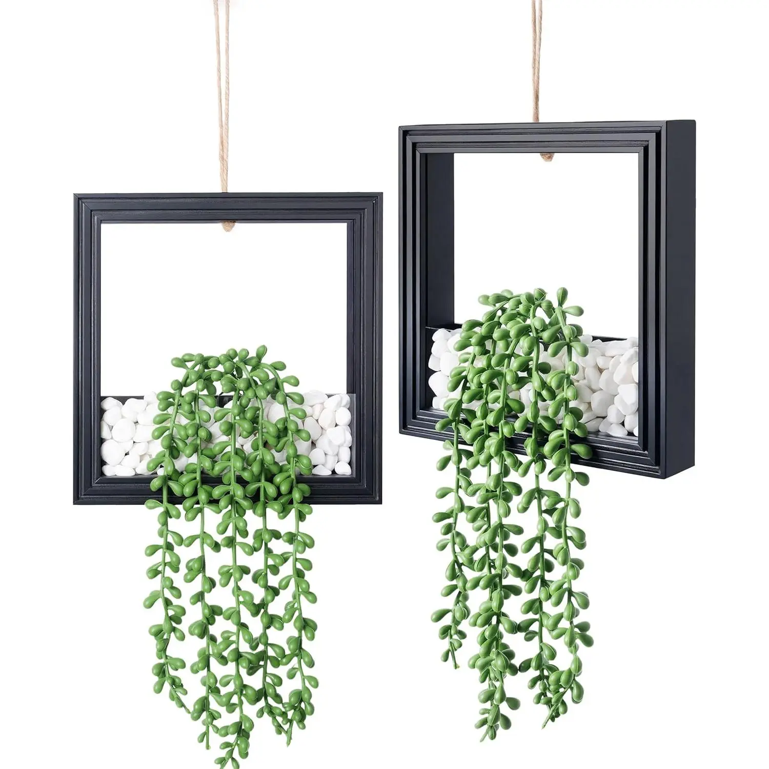 2 Pack Fake Plants Hanging with Wooden Frame, Black |   Artificial Succulents Plants, Glow Accents, Boho Wall Decor, Office Living Room Bathroom Bedroom Kitchen, Indoor Outdoor