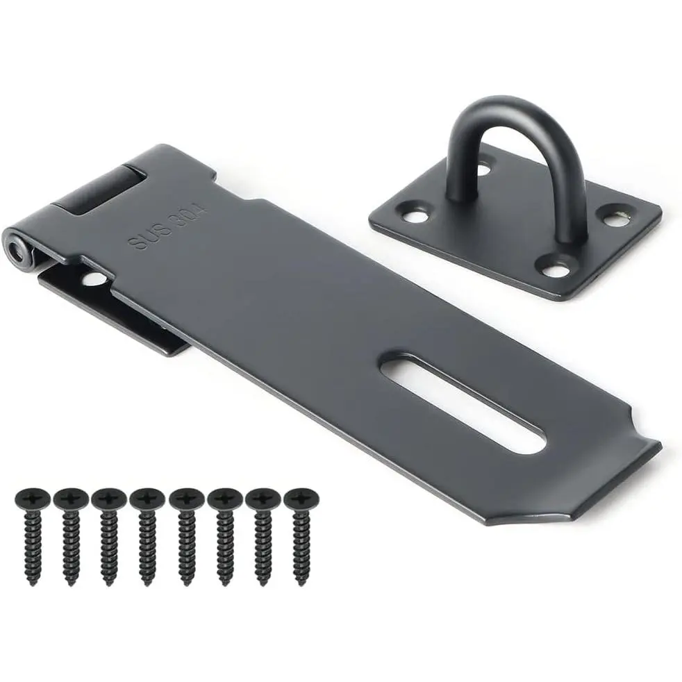 Door Lock Hasp Latch,5 Inch SUS 304 Stainless Steel Safety Packlock Clasp Hasp Lock Latch with Fixing Screw for External Doors Window Cabinet  Cage, Black,MS9B-5C