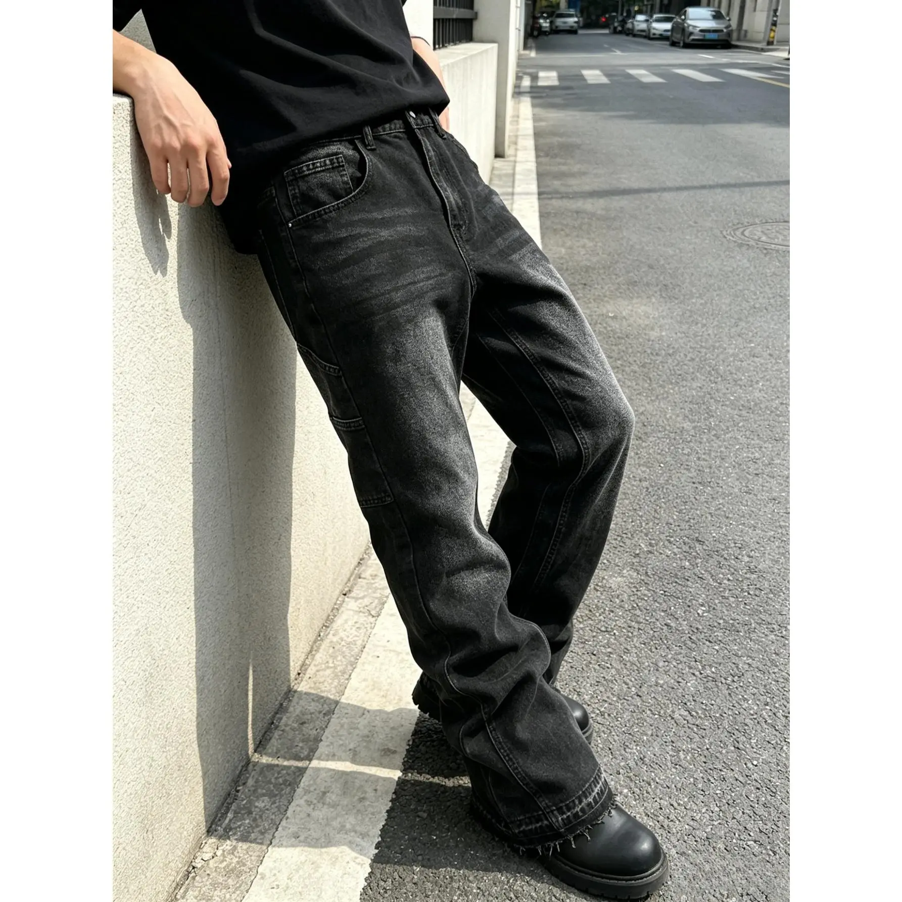American High Street Workwear Flared Jeans Men's Black and Gray Washed Distressed Loose Denim Pants