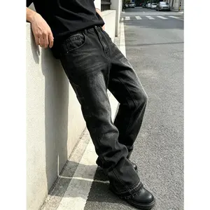 American High Street Workwear Flared Jeans Men's Black and Gray Washed Distressed Loose Denim Pants