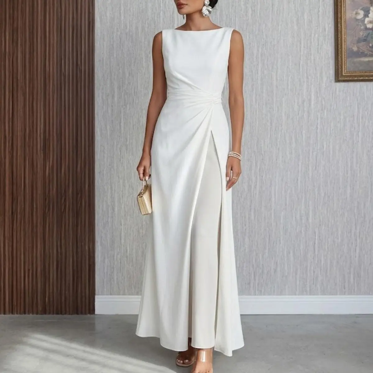 Women's Sheer White Pleated Maxi Dress, Sleeveless Fitted Gown with High Split for Summer Wedding Guest, Engagement