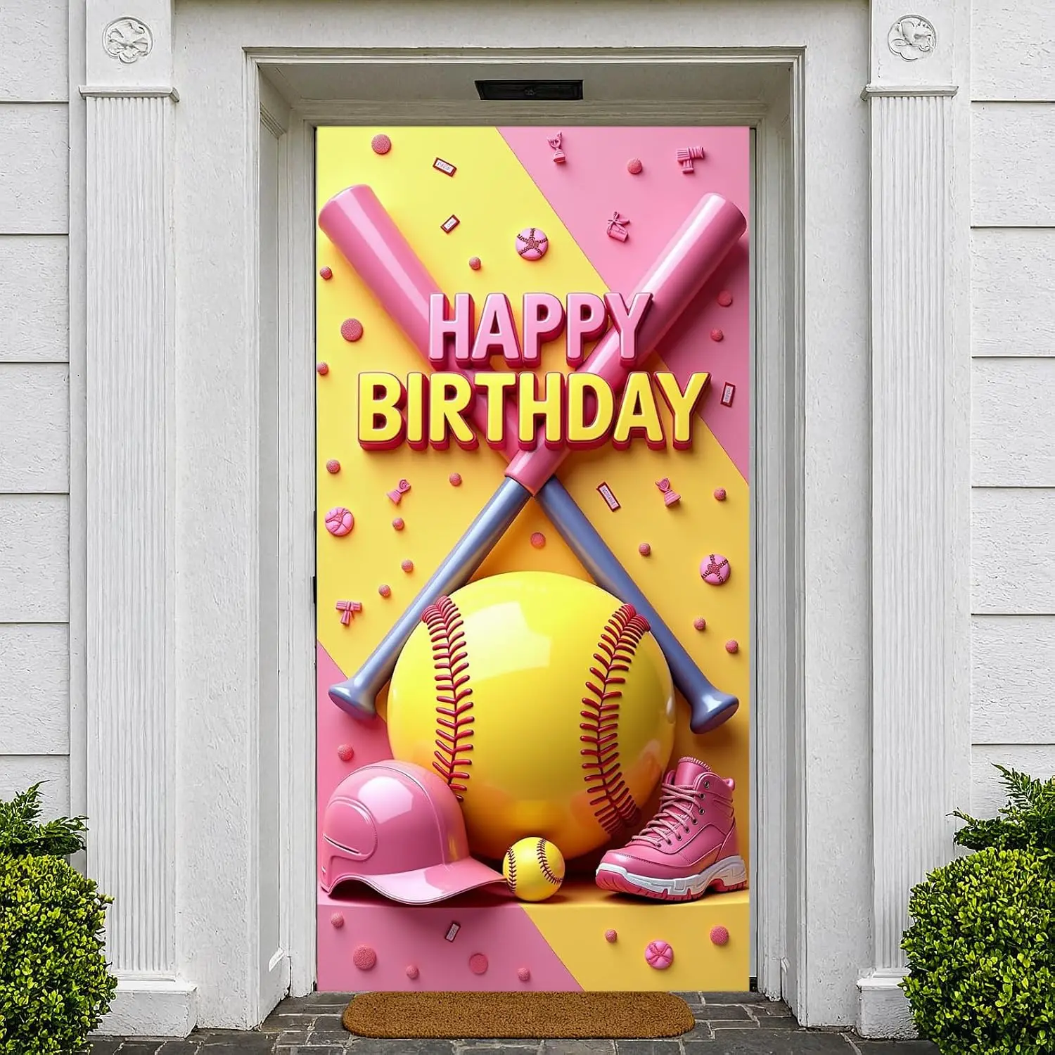 Softball Birthday Door Cover Banner Decoration Yellow Baseball  Themed Backdrop  for  Girl Softball Fan Team Party Front Porch  Poster  Photo Booth Props Large Fabric