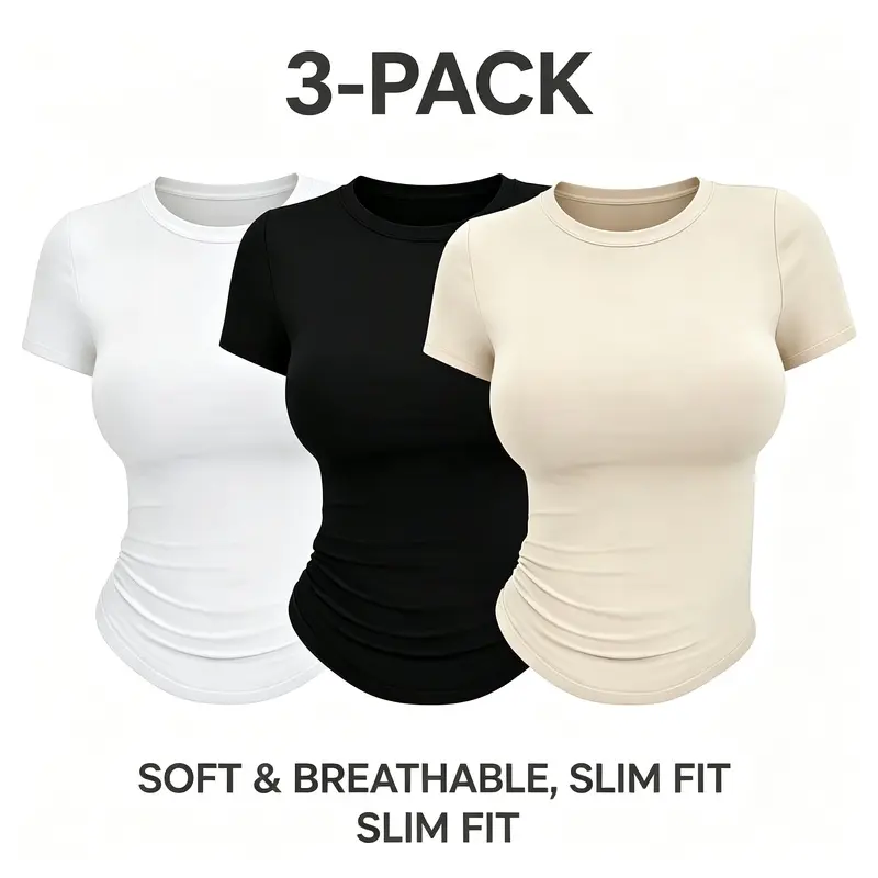 2026 Women Crew Neck Slim Fit Short Sleeve T-Shirt, Stretchy Fitted Basic Crop Top, Solid Casual Y2K Hot Girl Bodycon Tee for European American Daily Street Outfits
