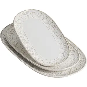 Serving Platters Set 14"/12"/10" Oval Ceramic Embossed Serving Plates Trays Oven Dishwasher Safe Vintage White for Party Entertaining Appetizers Pasta Sushi