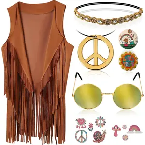 60s 70s Outfits for Women Hippie Costume Clothes Set 70s Costume Tops Women Fringe Hippie Vest for Halloween.