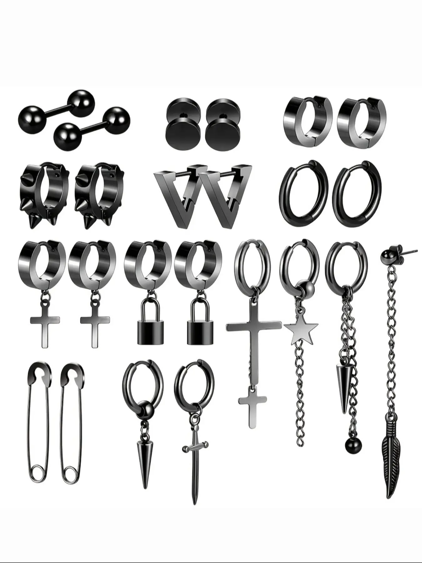 Punk Black Stainless Steel Earring Pack, Gothic Cross Lock Spike Chain Safety Pin Feather Dangle Hoop Huggie Earrings, Hypoallergenic Unisex Hip Hop Y2K Grunge Streetwear Piercing Jewelry for Men Teens Women