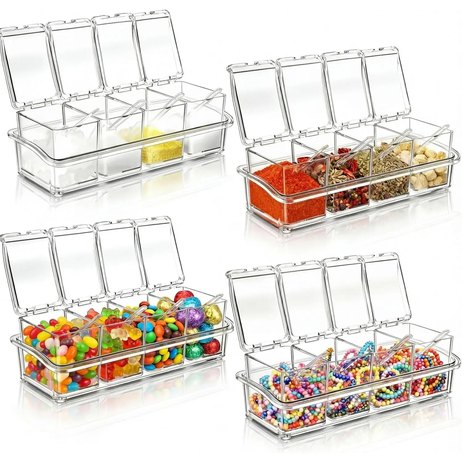 4 Set Acrylic Seasoning Box with Spoons, 16 Compartments Clear Spice Organizer, Kitchen Condiment Containers with Lids for Salt, Sugar, Candy