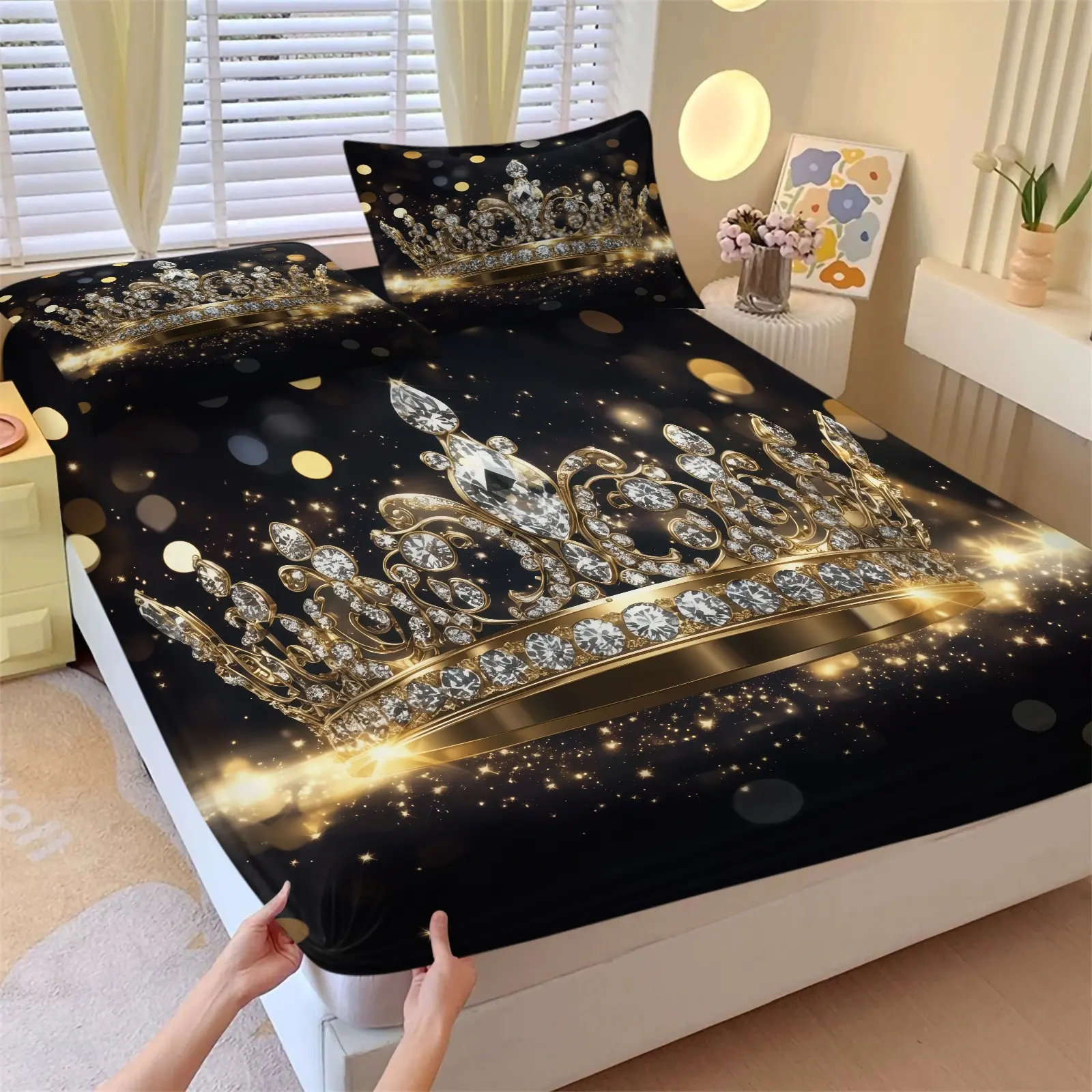 Golden Diamond Crown Print Fitted Sheet Set 3 Piece with 2 Pillowcases, Soft Breathable Luxury Glam Bedding All Size, Queen Style Sparkle Glitter Pattern Bed Set, Skin-Friendly Print Mattress Cover, Room Decor or Gift