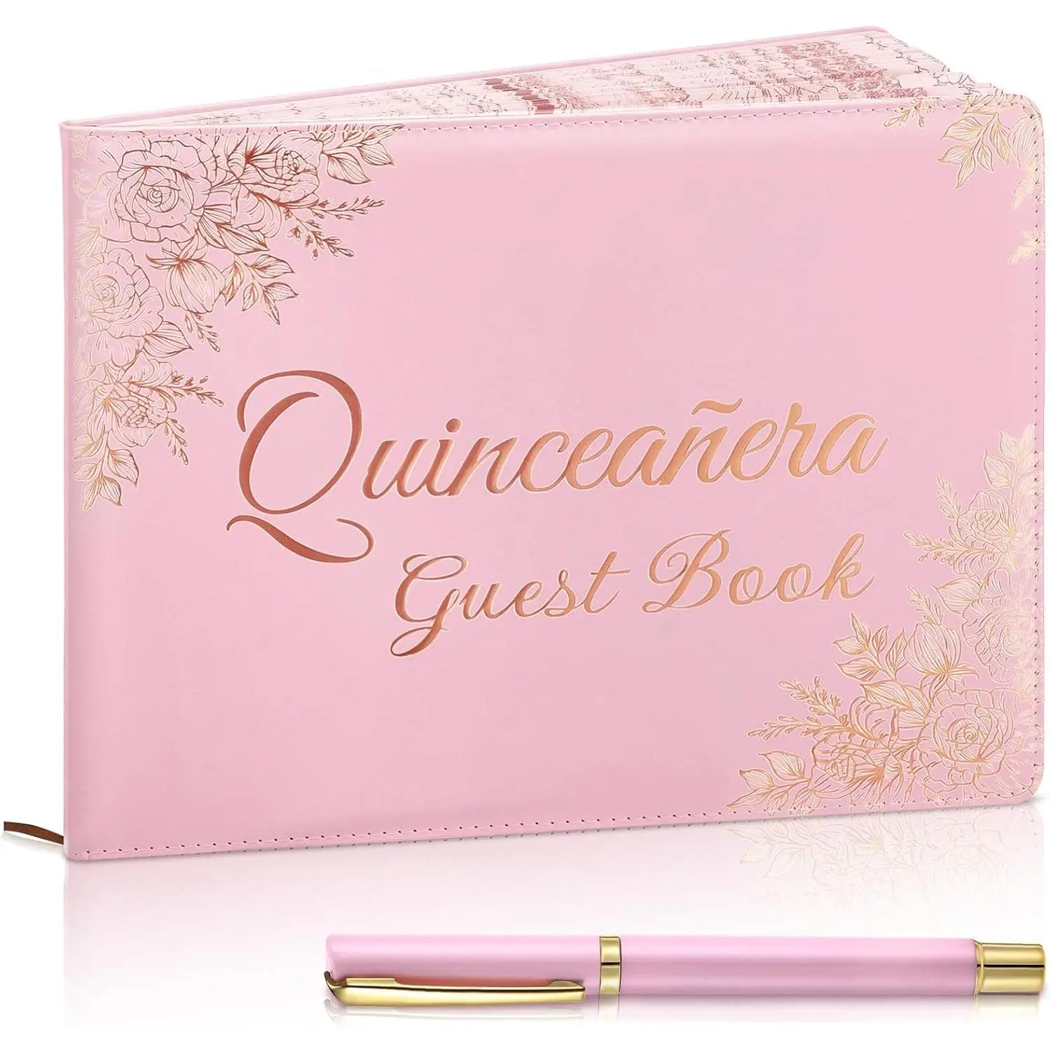 Quinceanera Leather Hardcover Guest Book with Pen, 11.02x8.66in Autographs Notebook, 120 Pages Floral Design Notebook for 15th Birthday Parties, Weddings Office Stationery Sign-In Supplies, Leather Notebook Cover