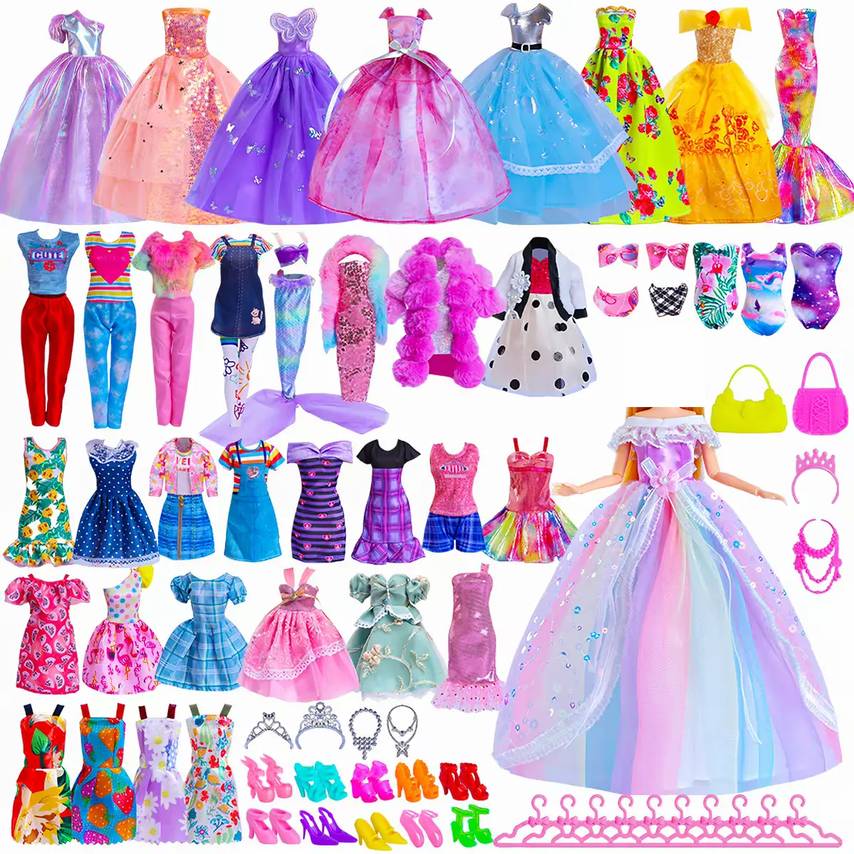 138 Pieces Doll Clothes and Accessories, 9 Fashion Dresses, 5 Wedding Dresses, 3 Tops, 3 Pants, 3 Bikinis, 20 Shoes for 11.5-Inch Dolls, Gifts for Girls Ages 3–5, 5–7, and 7–10