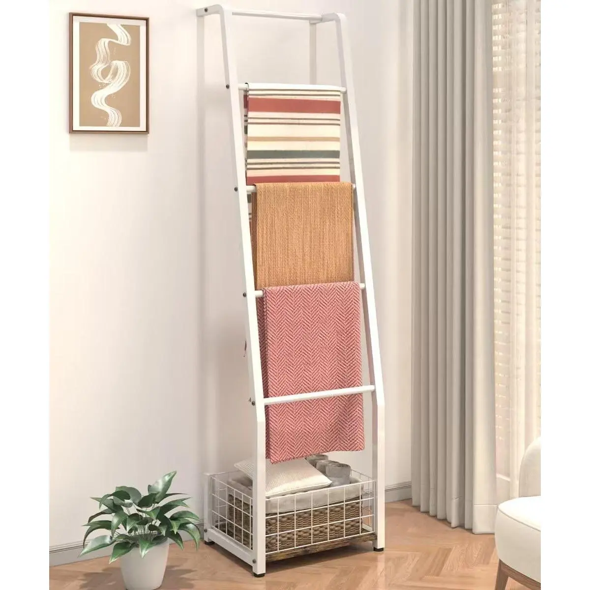 6.3ft Blanket Ladder with Storage Basket, 5 Tier Decorative Ladder Shelf Stand for Living Room & Bedroom, Wall-Leaning Blanket Holder Quilt Rack for Home Décor, Rustic Brown & White