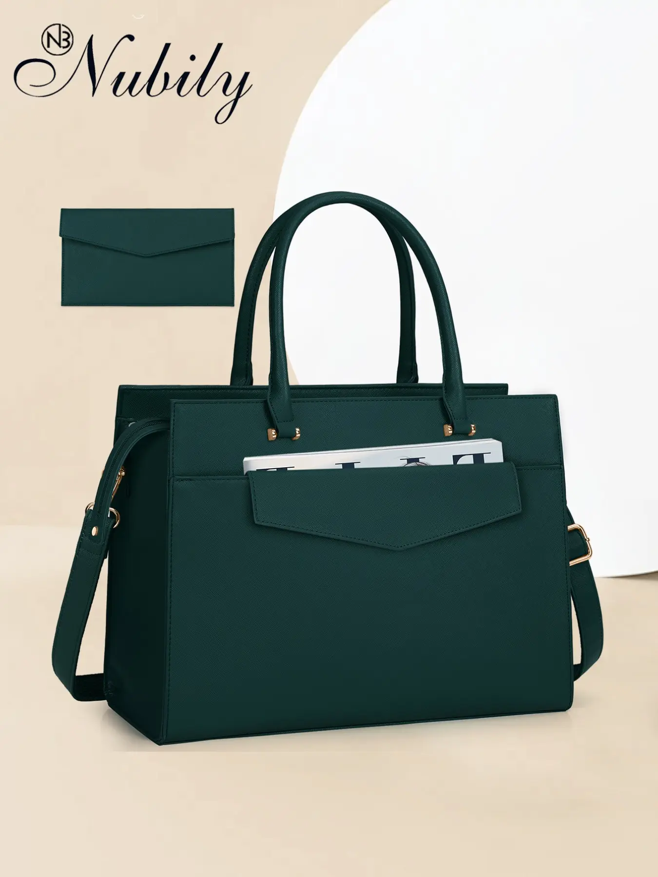 15.6 Inch Laptop Bag for Women, 2pcs Set, Vegan Leather Work Tote Bag, Detachable Envelope Clutch, Professional Business Computer Shoulder Purse