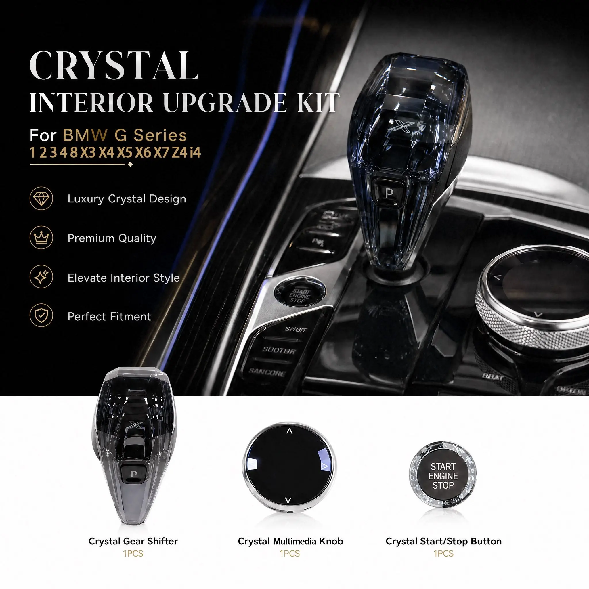 Crystal Gear Shift Knob & Rotary Dial & Start Button 3-Piece Set For BMW G Chassis 1 2 3 4 5 6 7 8 X3 X4 X5 X6 X7 Z4 i4 2016-2022, Interior Luxury Upgrade Trim
