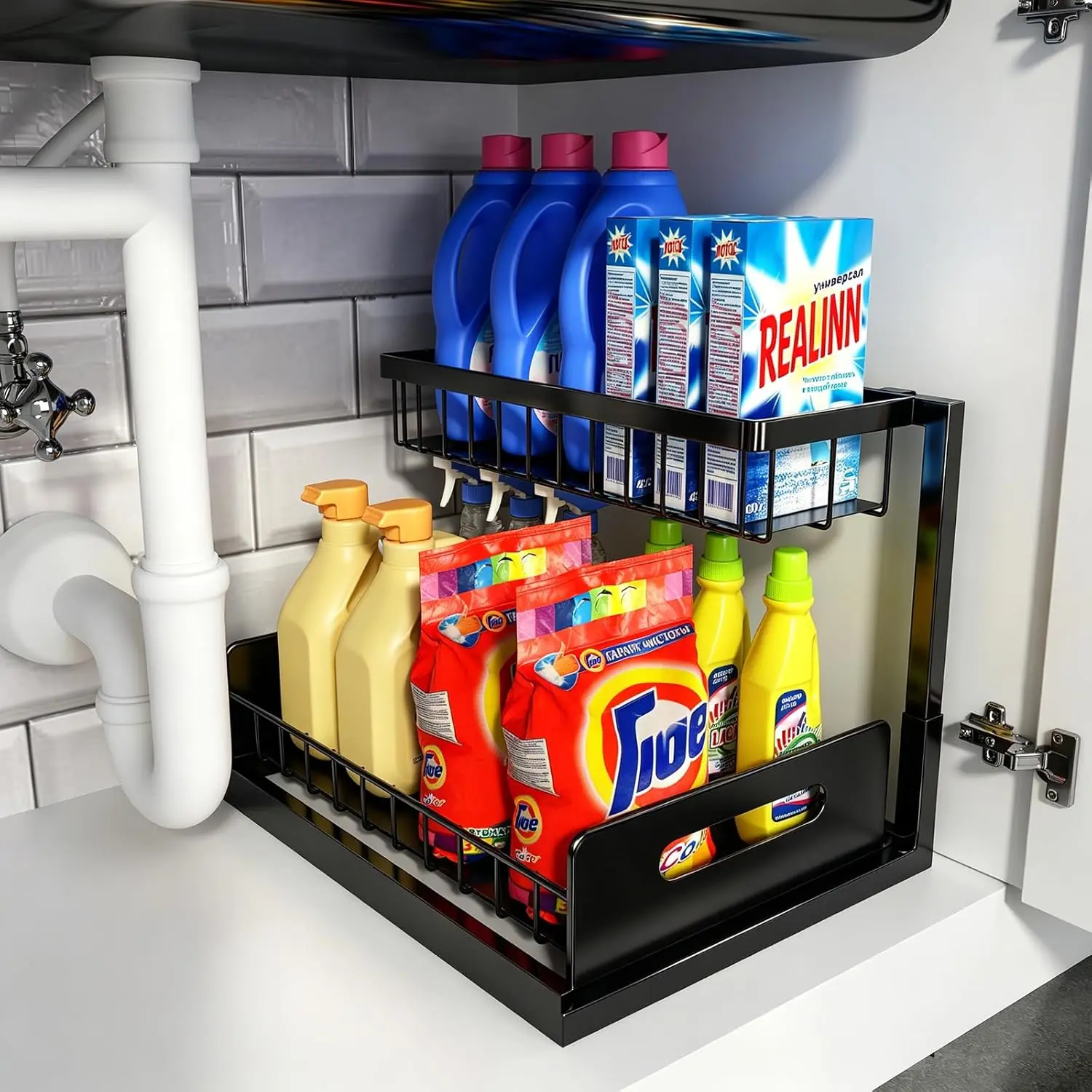 Sink Organizer, Pull Out Cabinet Organizer, 2 Tier Slide Out Shelf with L for,, Laundry, and Cabinet for Deep Cabinets, Black, 1 Pack
