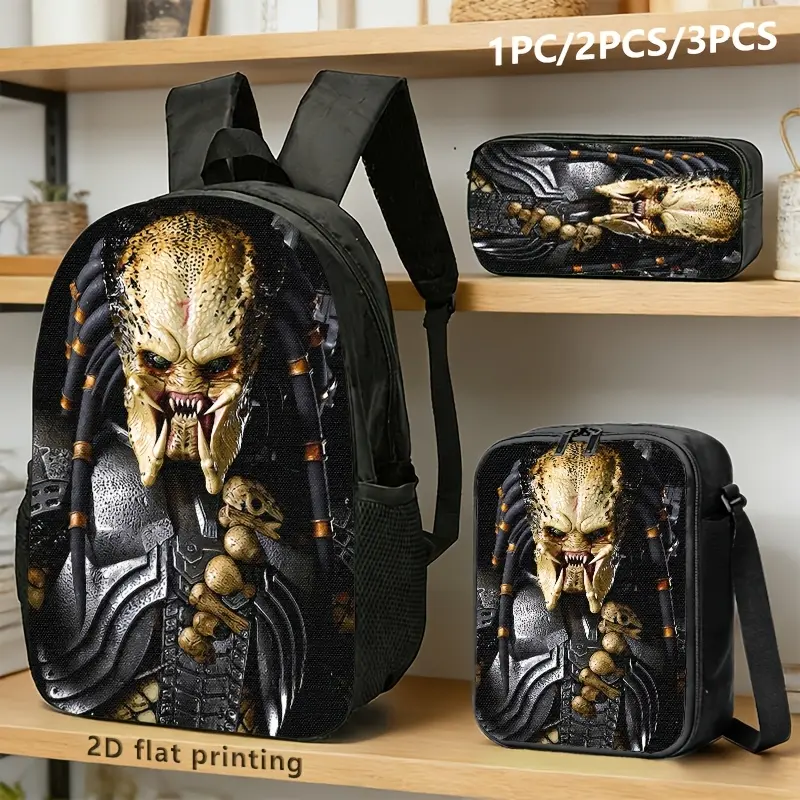 Three Predator-themed backpacks, crossbody bags, and storage pouches; ideal for sci-fi horror fans, suitable for casual wear, travel, or school use. bookbag