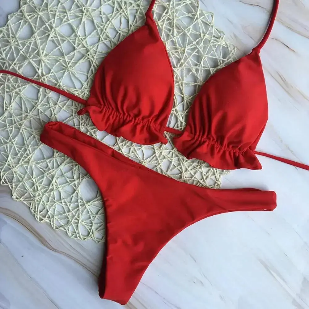 Women's Summer 2-Piece Brazilian Solid Bikini Set - Push-Up Bandage Top, Low-Rise Triangle Cheeky Thong Swimwear for Beach Use