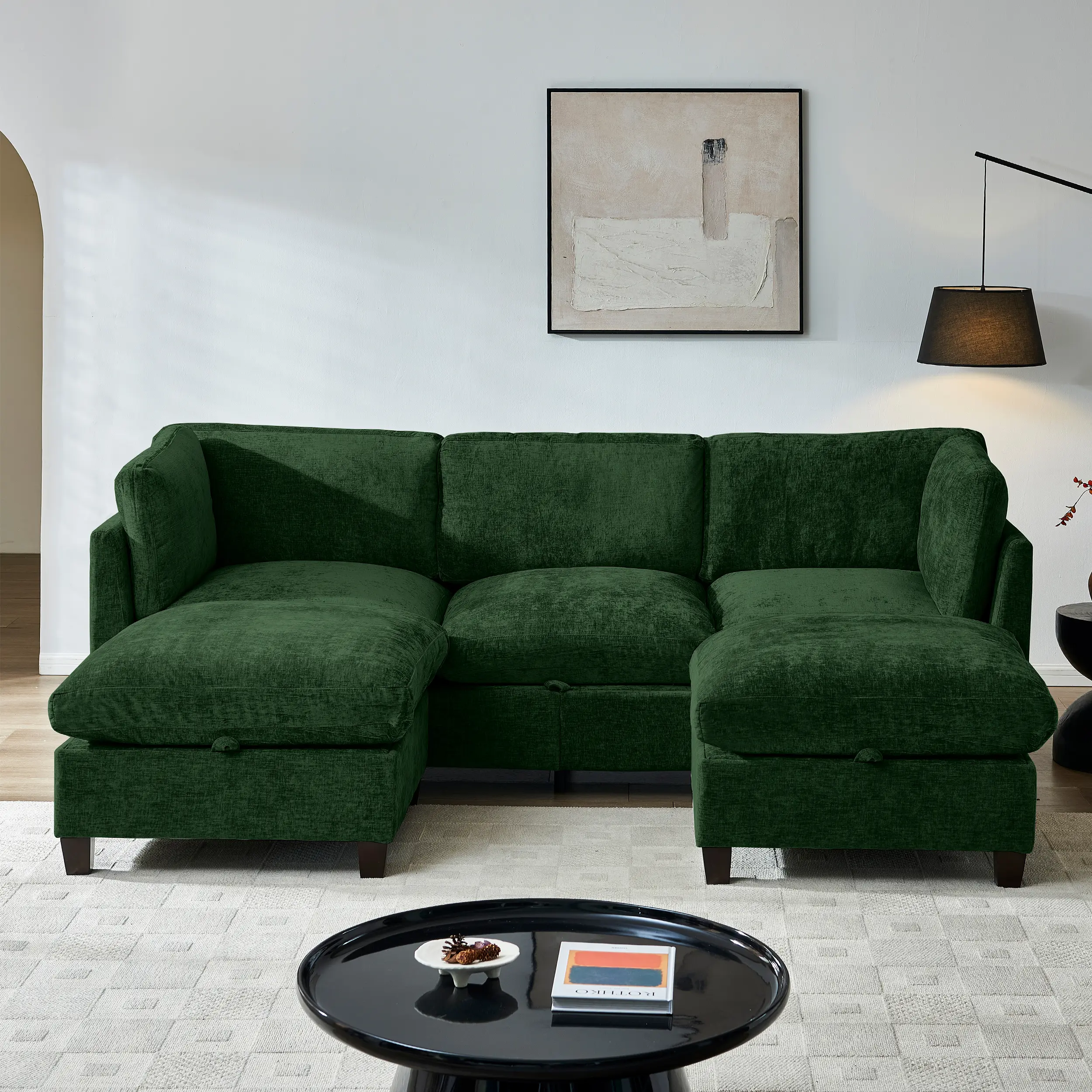ARCH 96.5" U Shape Sectional Couch for Living Room, Upholstered Soft Chenille Fabric Sofa with Storage, 3-Seater with Two Ottomans, Green, Large Sectional Sofa Set for Family Room, Comfy Couch with Hidden Storage, Living Room Furniture