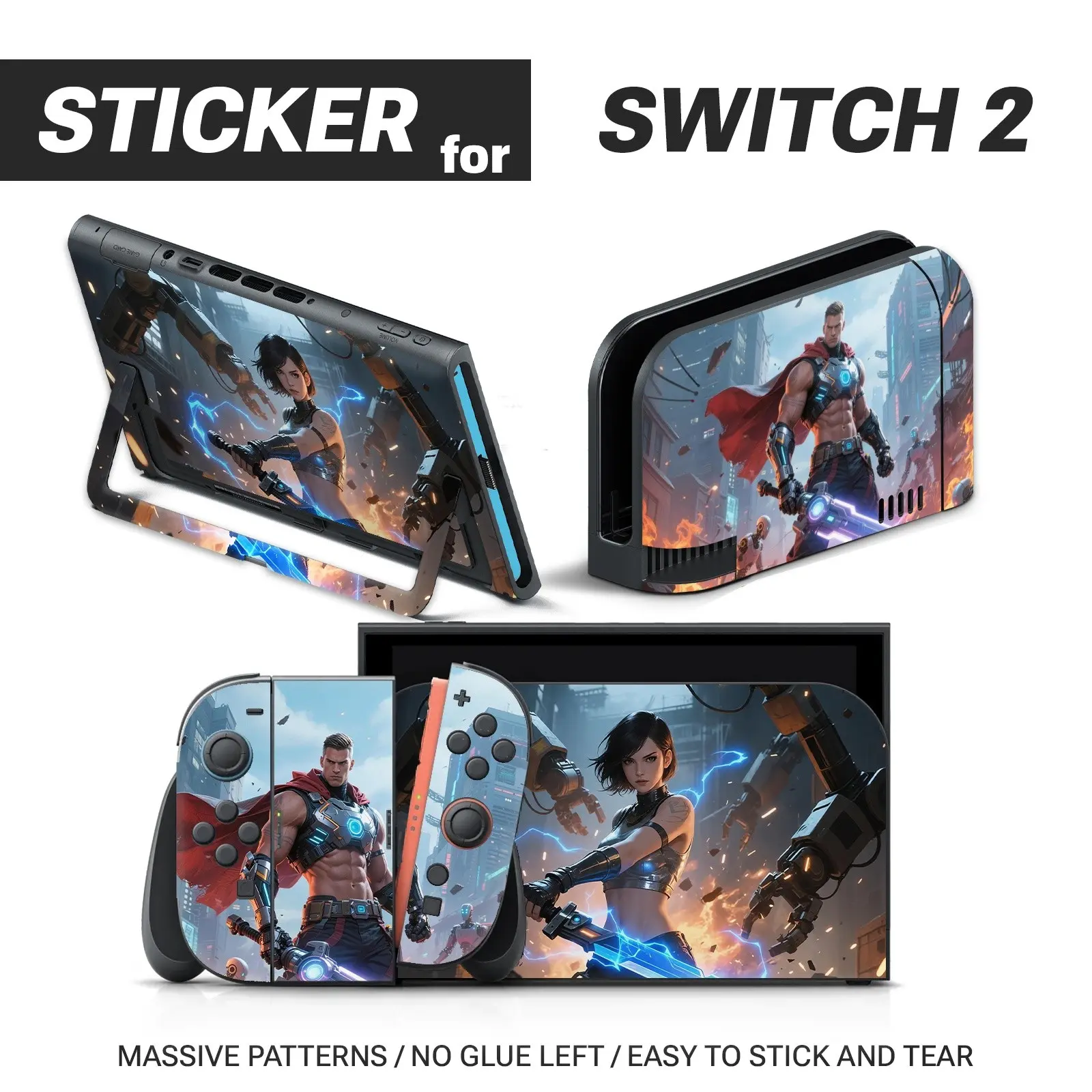 Cyberpunk Future City Battle Characters Switch 2 Stickers Set, Aesthetic Stickers, Waterproof Removable Vinyl Game Console Decals, Sci-Fi Warrior Art Design