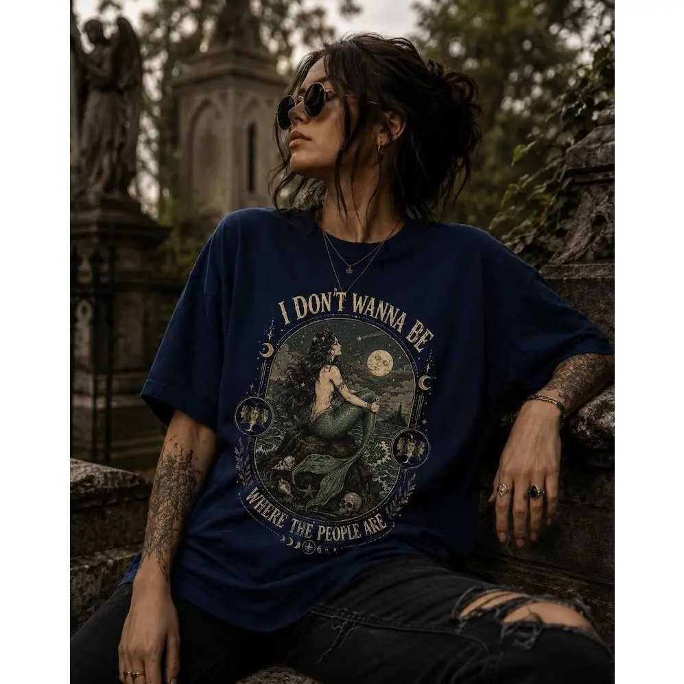 Retro Mermaid "Siren: I Don't Want to Be in a Crowd" T-Shirt — Socially Anxious Mermaid / Mystical Style / Dark Fantasy / Seaside Gothic