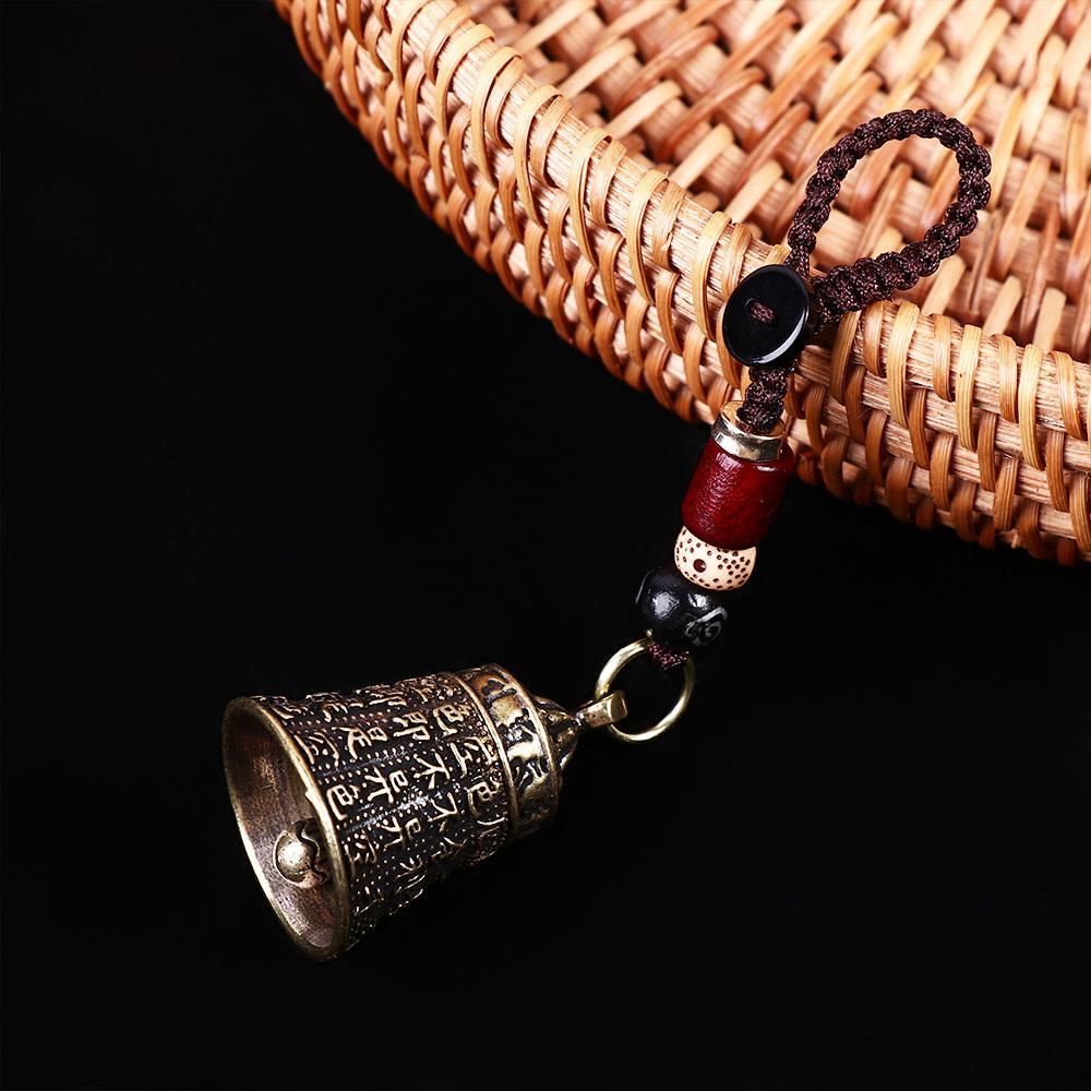 Brass Bell Keychain Pendant Engraved Mantra Charm Handmade Woven Rope Lanyard Hanging Ornament for Keys Bag Decoration Craft Accessory