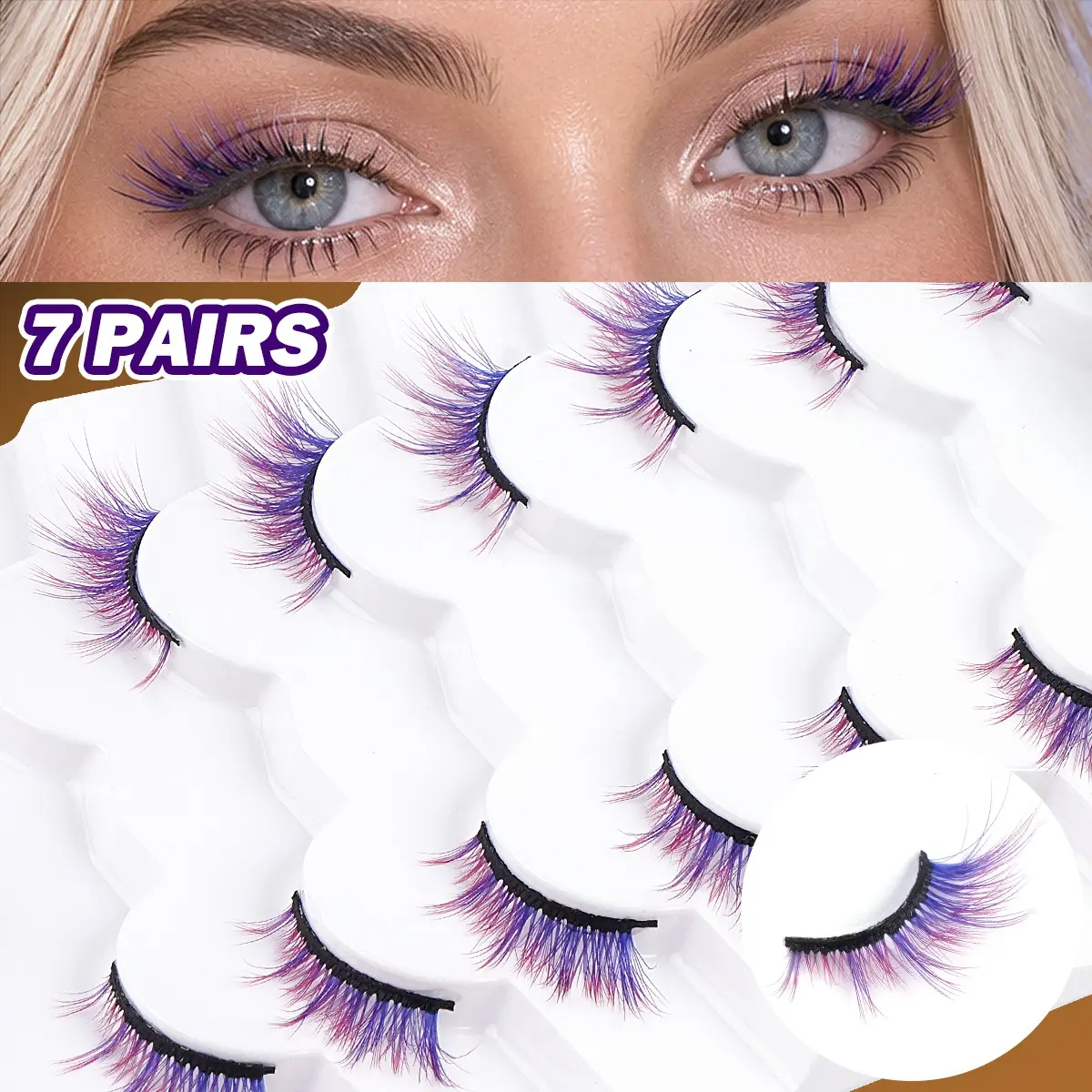 MAANGE 7 Pairs Colored Glitter Strip False Eyelashes, Purple Pink Blue Mixed Color Wispy Lashes, 3D Layered Natural Curl, Soft Lash Band, Handmade Reusable Colorful Lashes for Halloween, Cosplay, Festival & Party Eye Makeup