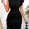 Spring/Summer Ruched Leaf-Hem Slim-Fit Chic Elegant One-Shoulder Women Dress in Burgundy, Elastic Fabric with Waist-Cinching Design Wear for Formal Party Wear, Parties, Dinners, Church and Special Occasions